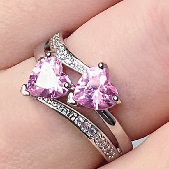 💎925 Silver Plated Pink Double Heart-Shaped CZ Ring, MLNN1202 - Picture 1 of 4